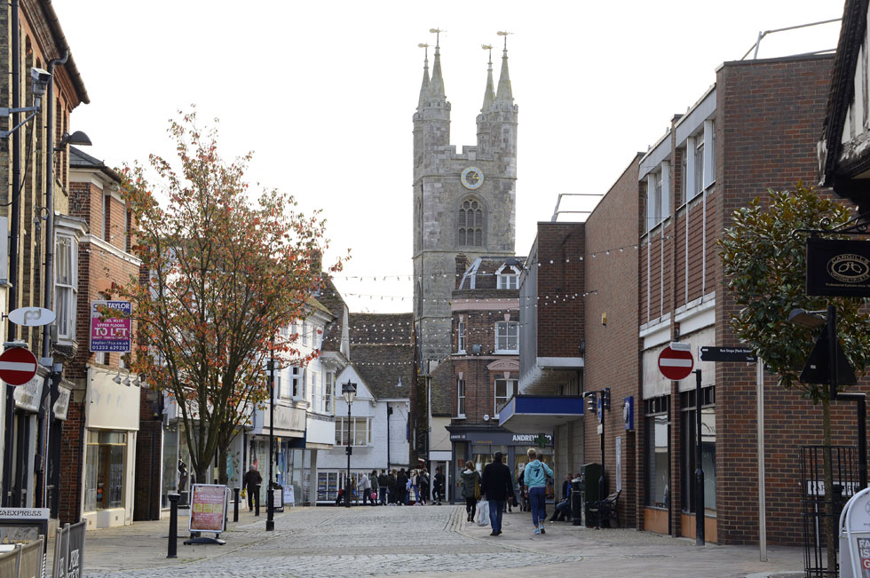 Ashford Town Centre looking towards St Mary's Church